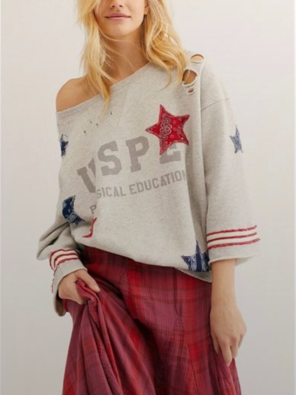 RARE HTF Free People Old Glory Pullover Distressed Star Patch Sweatshirt America